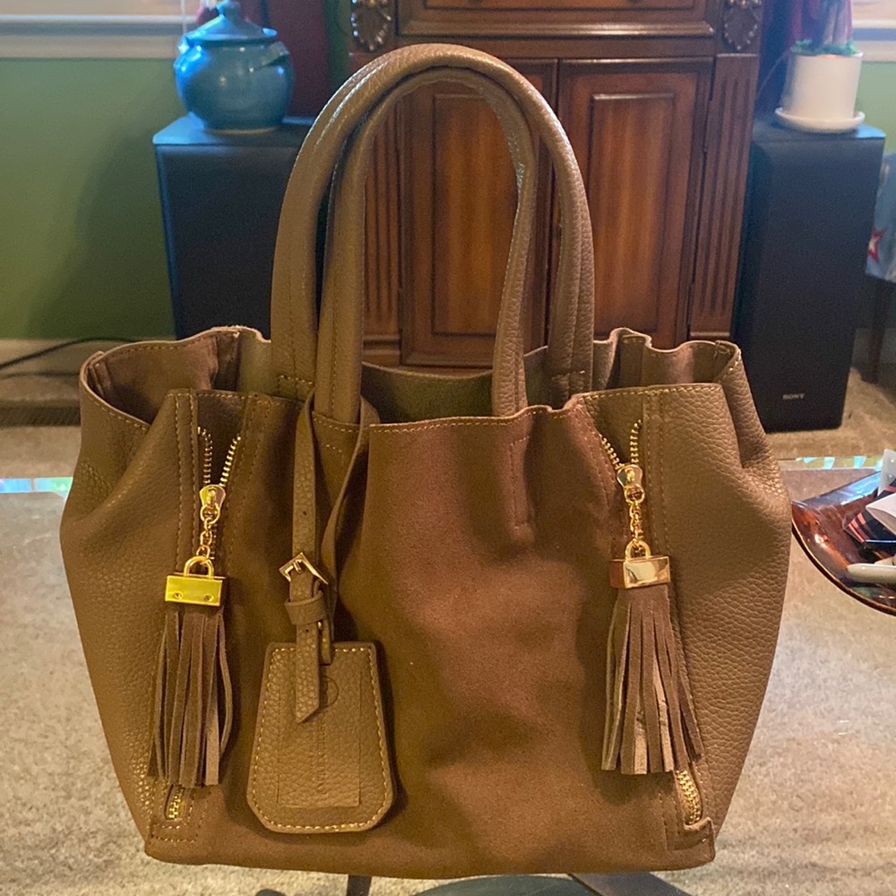 Taupe leather Purse with tassels